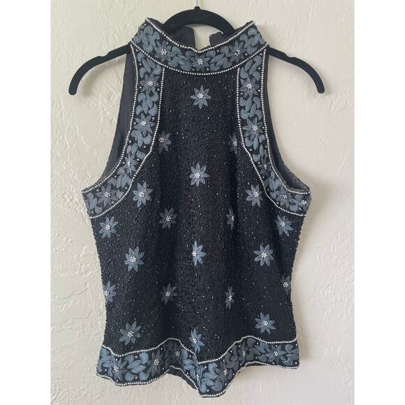 Papell Boutique Evening Tops - VTG All Over Floral Beaded Modest Asymmetric Hem Sleeveless Top NYE Elegant Y2K